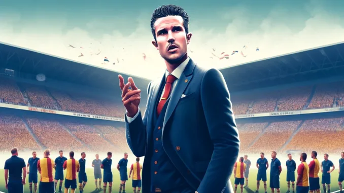 DALL·E 2024-04-29 13.54.12 - Create a wide banner image (16_9 ratio) for an article announcing Robin van Persie as the new coach of SC Heerenveen. The visual should depict a digni Robin van Persie nieuwe trainer SC Heerenveen
