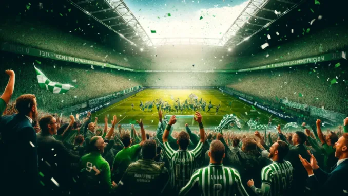 DALL·E 2024-05-10 22.30.44 - Visualize the celebration of FC Groningen winning the final match of the Keuken Kampioen Divisie, securing their promotion to the Eredivisie. The scen Promotie FC Groningen