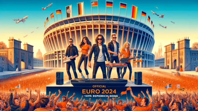 DALL·E 2024-05-15 10.57.56 - Create an image for an article about the upcoming European Championship 2024. The scene should be a vibrant and festive atmosphere in Germany, featuri Officiele EK 2024 lied