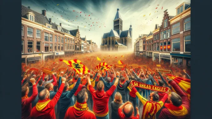DALL·E 2024-05-26 22.15.30 - Visualize a vibrant scene celebrating the European qualification of Go Ahead Eagles, focusing on the word 'AHEAD' prominently featured in the celebrat Go Ahead Eagles europese kwalificatie