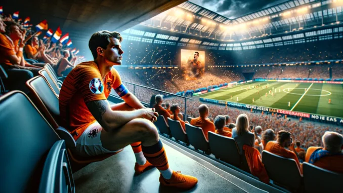 DALL·E 2024-05-27 17.17.08 - Visualize a poignant scene reflecting Marten de Roon's personal challenges as he misses EURO 2024 due to injury. The image captures De Roon sitting in Voorlopige EK selectie Oranje De Roon afvaller