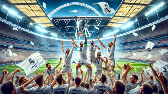 DALL·E 2024-06-02 22.14.49 - A dynamic and celebratory scene featuring Real Madrid players lifting the Champions League trophy in Wembley Stadium. The players are jubilant, with s Real Madrid Champions League