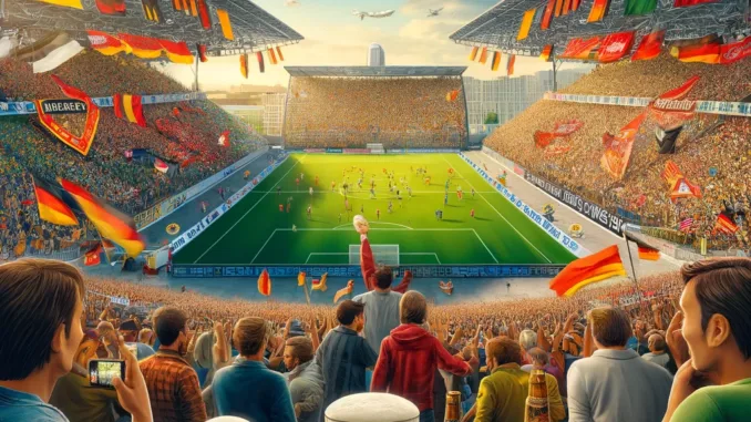 DALL·E 2024-06-04 10.45.22 - Create an image depicting a vibrant scene from a German football match, highlighting the excitement and atmosphere of the DFB Pokal. The stadium shoul DFB Pokal 2024 voetbalreis