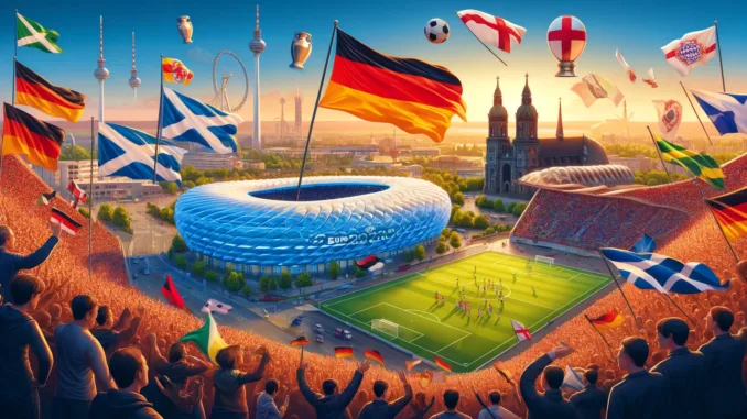 DALL·E 2024-06-09 20.29.12 - Create an image of a vibrant football scene for EURO 2024, showcasing the Allianz Arena in Munich for the opening match, and the Olympiastadion in Ber Bijzondere EK 2024 feitjes