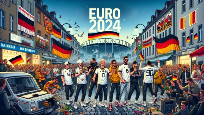 DALL·E 2024-06-09 23.04.18 - Create an image showcasing the excitement of EURO 2024 in Germany. The scene should include a diverse group of German football fans celebrating with b Populaire EK hits Duitsland