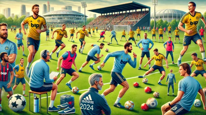 DALL·E 2024-06-14 21.26.08 - An engaging scene depicting the preparation for the Eredivisie season. Show players from various Eredivisie clubs training intensely on a lush green f Oefenwedstrijden Eredivisie