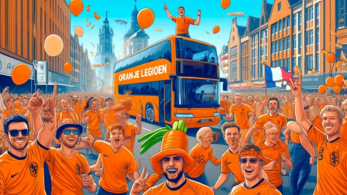 DALL·E 2024-06-29 06.10.15 - Create a vibrant and dynamic illustration of the Oranje legioen celebrating in the streets of Berlin during EURO 2024. Show a large crowd of Dutch foo Oranjemars Duitse hit Snollebollekes
