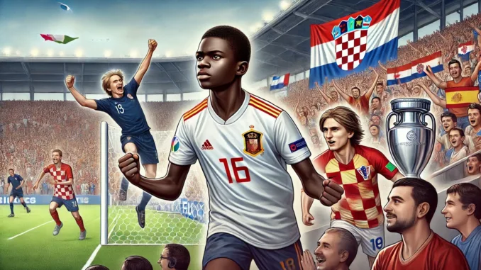 DALL·E 2024-07-10 05.40.29 - Create an image depicting a historic moment in football during EURO 2024. The image should show a young Lamine Yamal, 16 years and 362 days old, dark- EURO 2024 records Yamal