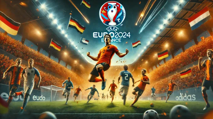 DALL·E 2024-07-14 12.38.55 - Create an image depicting EURO 2024 and the Dutch national team. Show a dramatic and intense football match scene in a packed stadium in Germany. Incl Oranje EURO 2024 records
