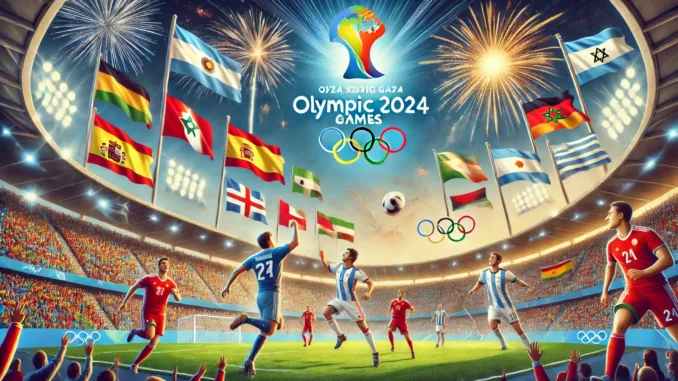 DALL·E 2024-07-15 08.28.34 - Create an image depicting the men's football tournament at the 2024 Olympic Games in France. Show a vibrant scene in a stadium with flags from various Olympische Spelen 2024 voetbal