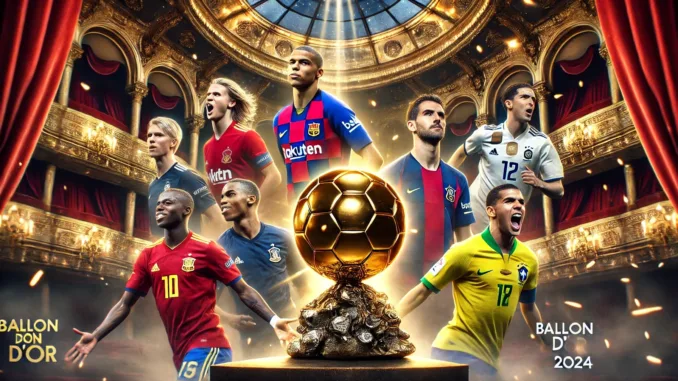 DALL·E 2024-07-18 08.25.42 - Generate a vibrant and dynamic image of the Ballon d'Or 2024 nominees. Include prominent football players such as Erling Haaland, Kylian Mbappé, Rodri Ballon d'Or 2024