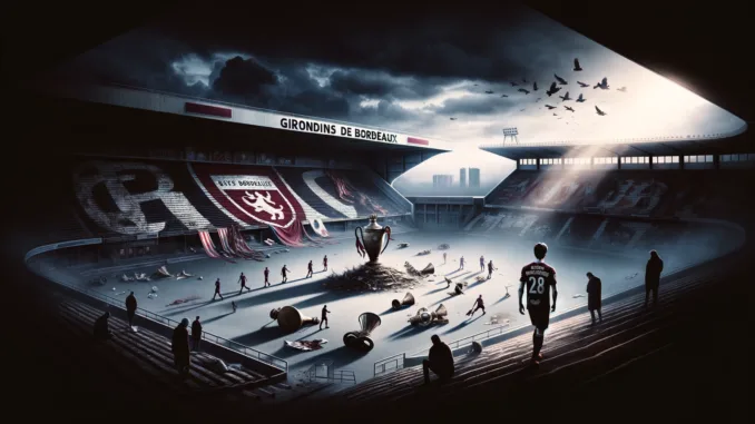 DALL·E 2024-07-24 16.13.35 - Create an image depicting a somber scene representing the decline of Girondins de Bordeaux. Show an empty, desolate stadium with the stands partially Girondins Bordeaux degradatie