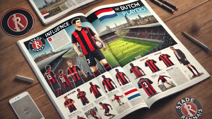 DALL·E 2024-08-04 13.38.57 - A magazine or newspaper layout featuring an article about the French football club Stade Rennais and the influence of Dutch players. The layout includ Nederlandse spelers Stade Rennes