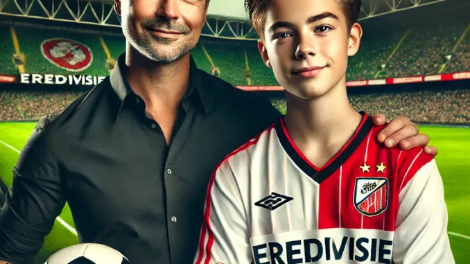 DALL·E 2024-08-11 17.48.49 - A father and son standing side by side on a soccer field, both dressed in professional soccer uniforms. The father, slightly older with a proud and ex Vaders en zonen Eredivisie