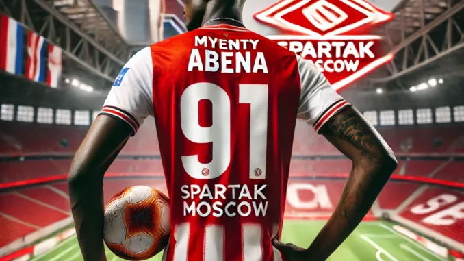 DALL·E 2024-08-18 11.49.35 - A tall (1.91 meter) Surinamese footballer, Myenty Abena, wearing a Spartak Moscow jersey, viewed from the back. He is standing in a modern football st Myenty Abena transfer Spartak Moskou