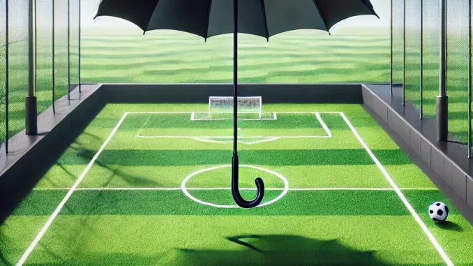 DALL·E 2024-08-18 20.19.16 - A black umbrella is floating in the air above a football field on a sunny day. The football field is lush with green grass, marked with white lines, a paraplu ricardo moniz