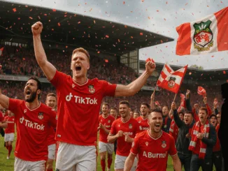 Wrexham AFC viert promotie naar de Championship met spelers en fans op het veld